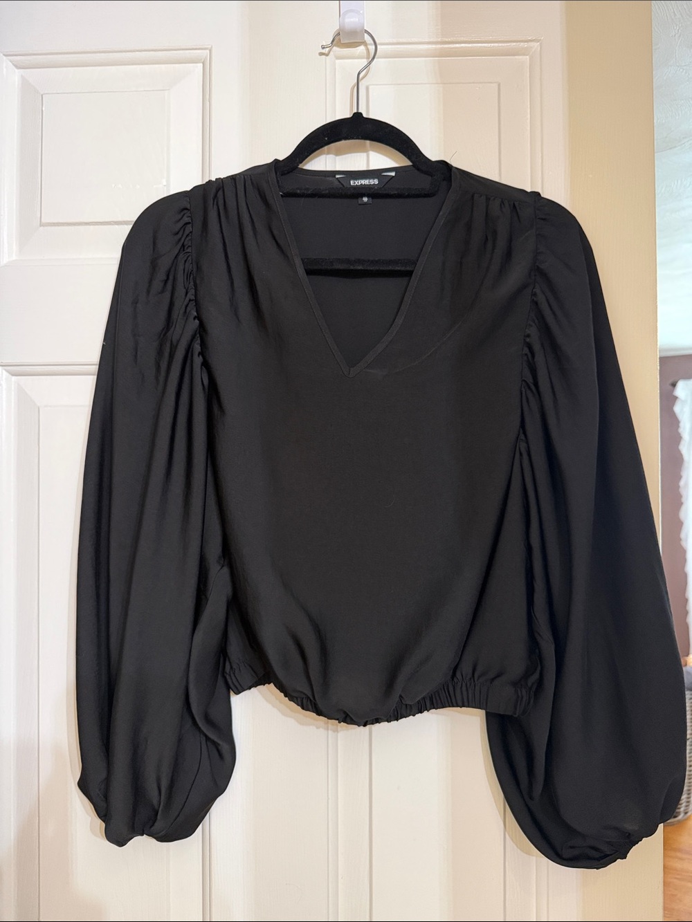 Express Black V-Neck Balloon Sleeve Blouse NWOT